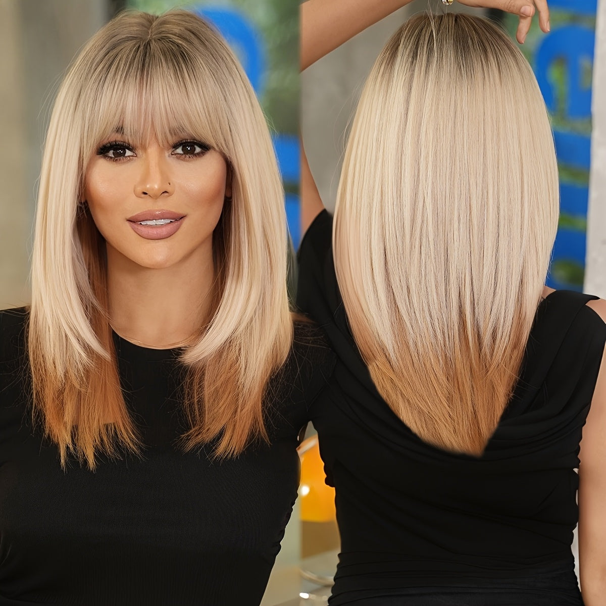Shoulder Length Ombre Blonde Wig for Women Christmas Costume Cosplay High Density Synthetic Layered Straight Hair Wigs with Bangs Heat Resistant Fiber 20 Inch